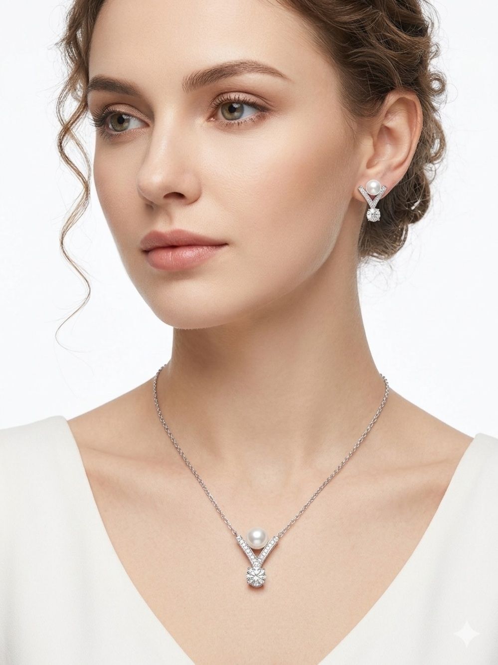 18K White Gold Filled NWT Pearl & Moissanite V Pendant Necklace & Earrings Set